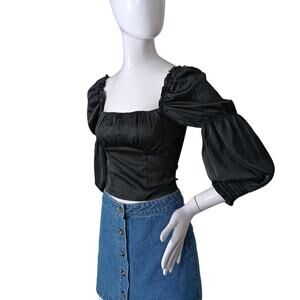 Divided Peasant Cut Top Size XXS Black Satin Full Bodice Lining Elastic Back